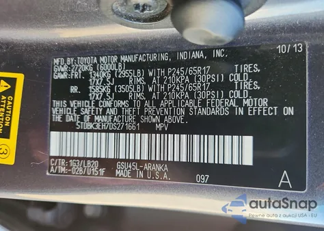 2013 Toyota Highlander Base z USA, uszkodzony, nr VIN 5TDBK3EH7DS271661